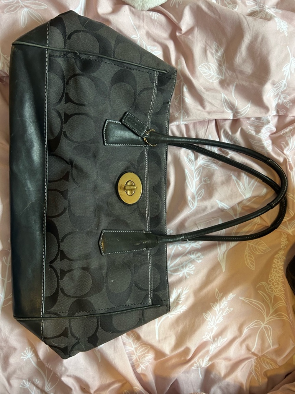 Coach Black Signature Canvas Turnlock Shoulder Bag with Gold Hardware